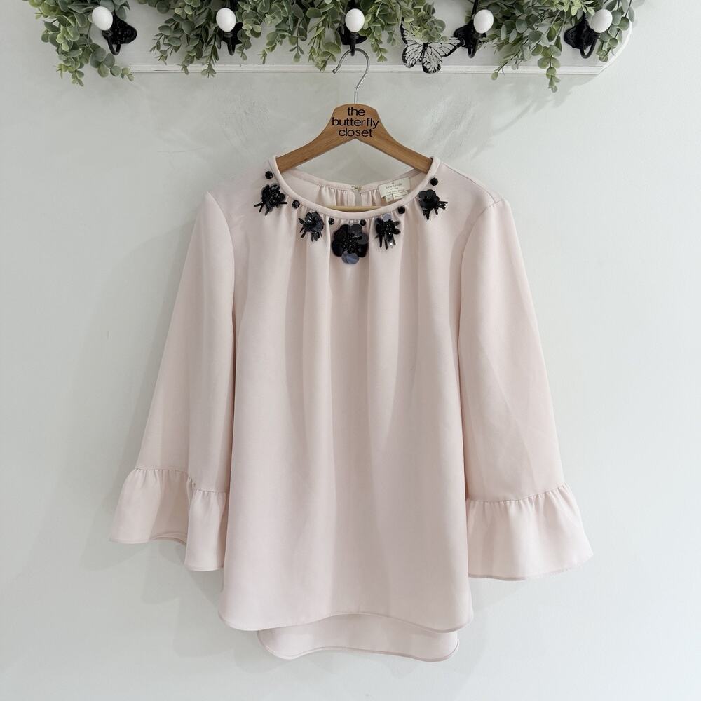 Kate Spade Embellished Light Pink Crepe Bell Sleeve Blouse Preppy XL ab6004